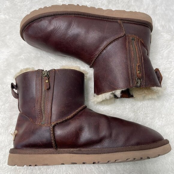 UGG #1008580 Women's Brown Classic Mini Double Zip Leather Boot Shoes Size 9 US - Picture 2 of 15